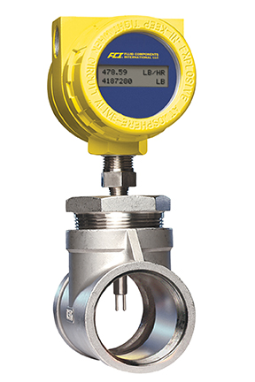FCI ST75 flow meter with signature yellow enclosure; stainless steel in-line (spool-piece)