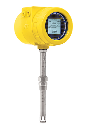 FCI's Model ST80 insertion flow meter with signature yellow FCI enclosure and laser-etch marked probe